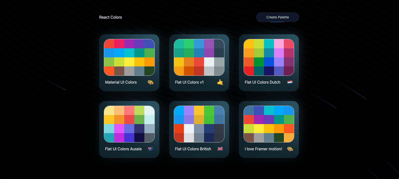 React Color Palettes app showing a grid of color swatches